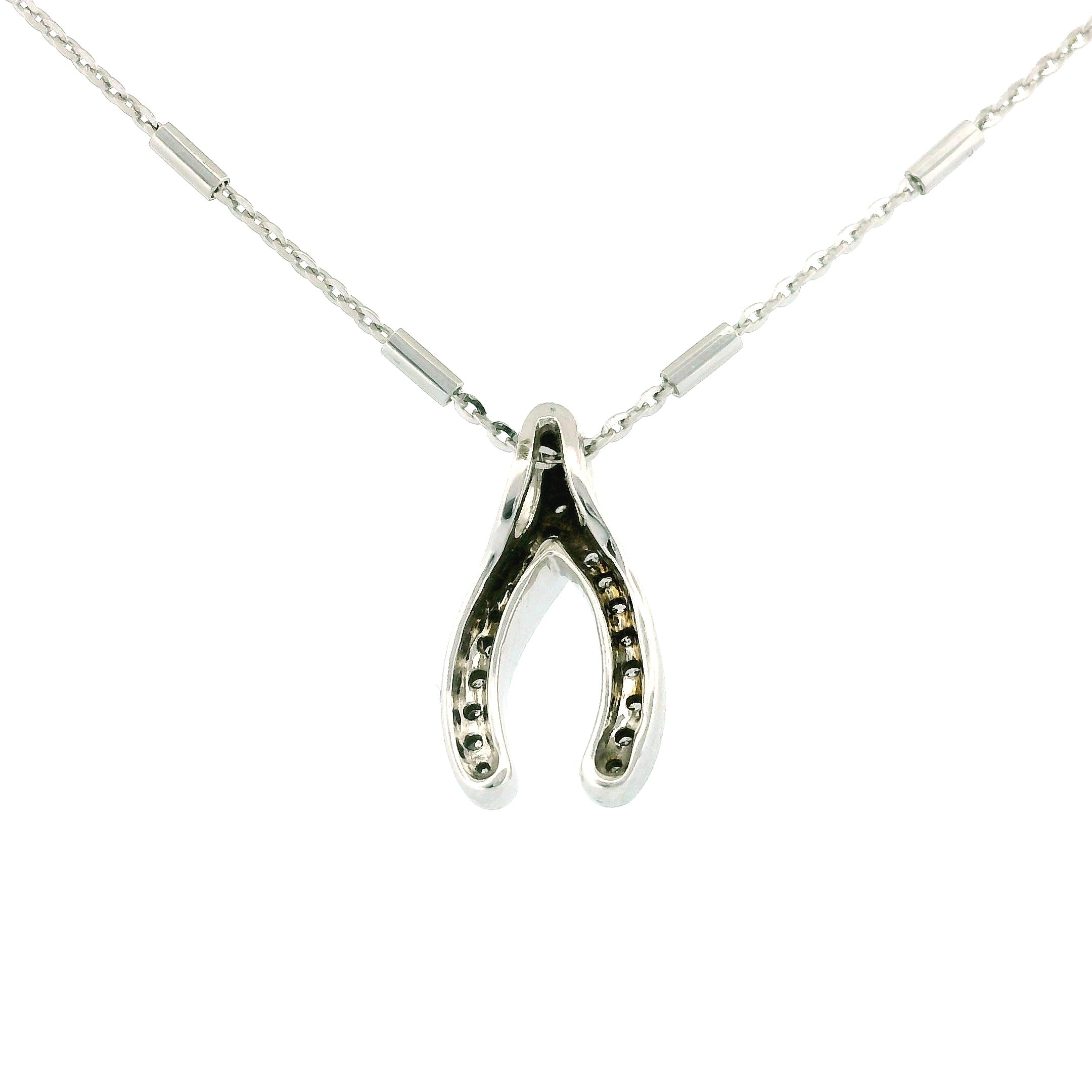 14k White Gold Wishbone Charm Necklace, Station Bar Chain