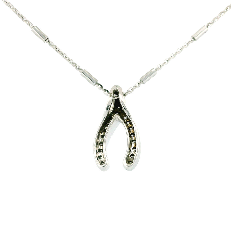 14k White Gold Wishbone Charm Necklace, Station Bar Chain