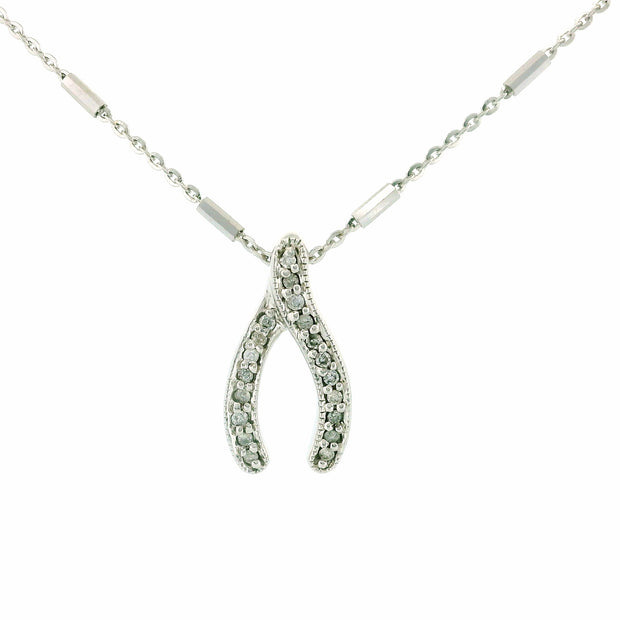 14k White Gold Wishbone Charm Necklace, Station Bar Chain