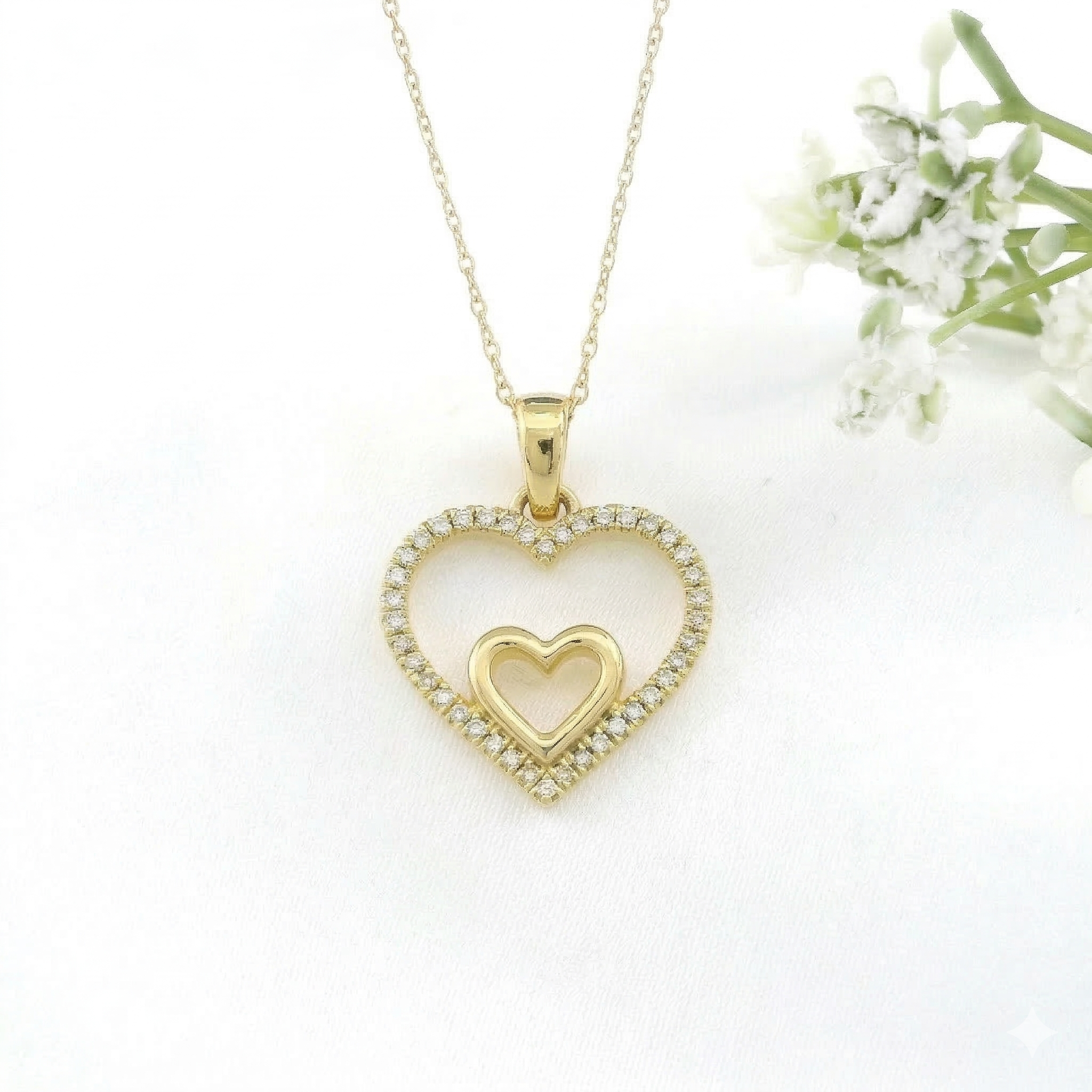 14k Gold Diamond Double Heart Necklace