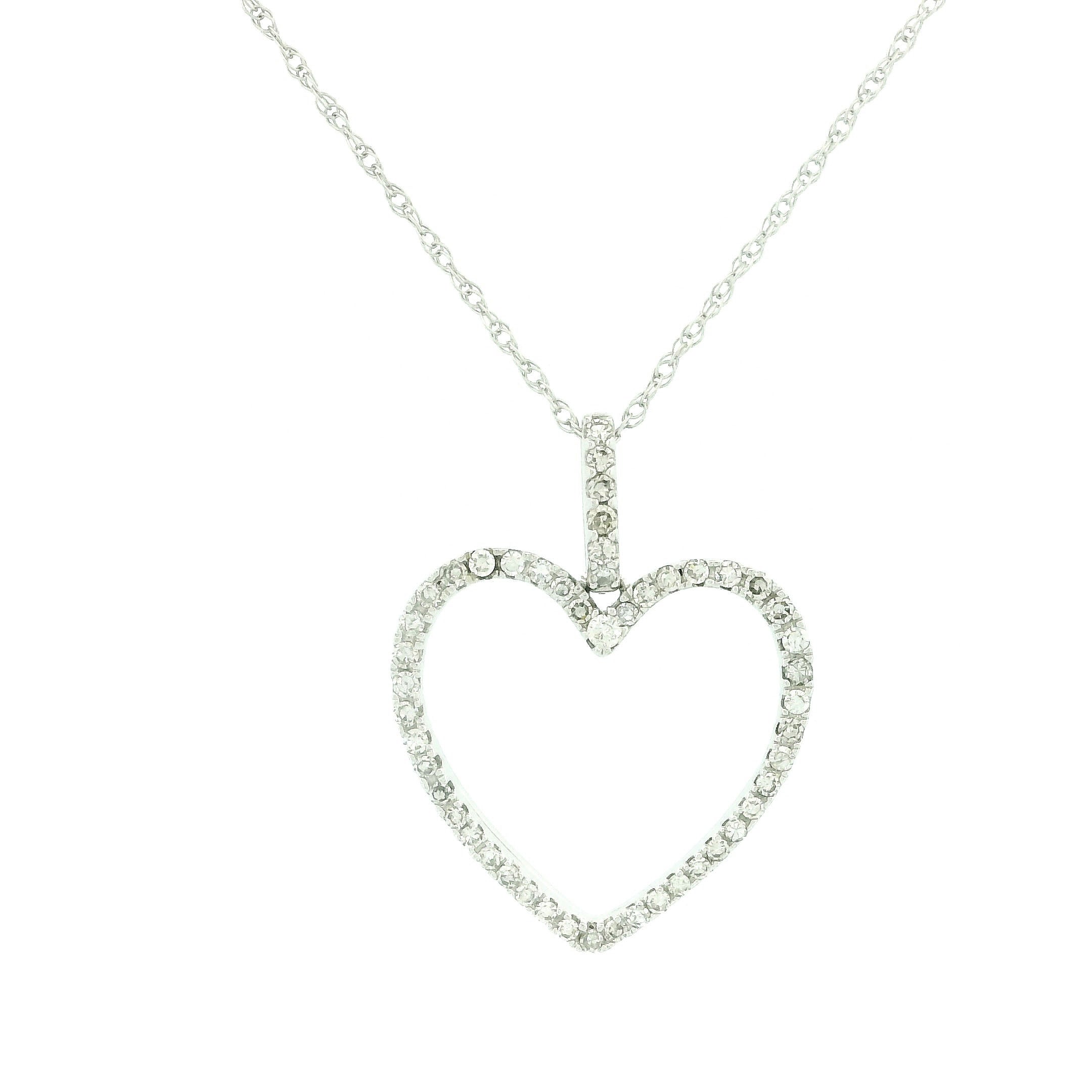 14k White Gold with .25Ctw Natural White Diamond Open Heart Pendant Necklace