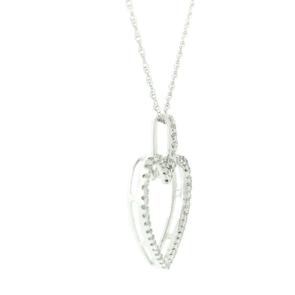14k White Gold with .25Ctw Natural White Diamond Open Heart Pendant Necklace