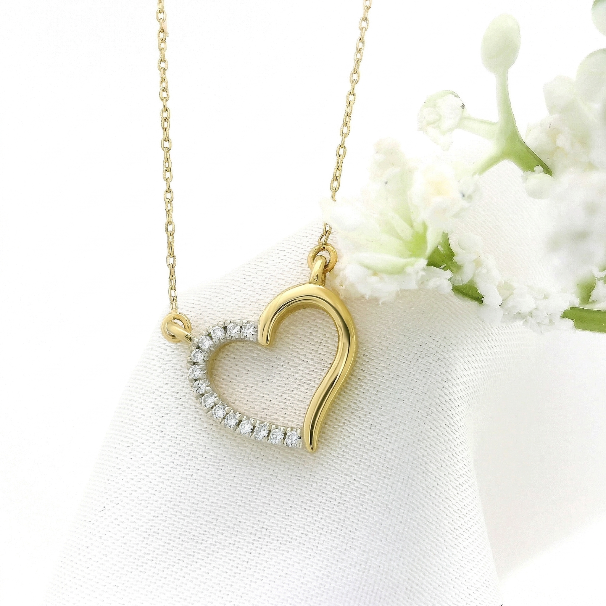 14k Gold Diamond Half-Pave Heart Necklace