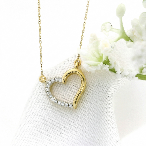 14k Gold Diamond Half-Pave Heart Necklace