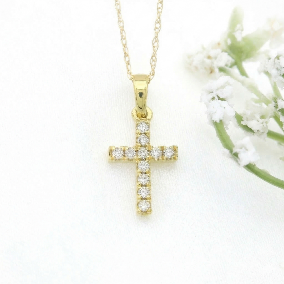 14k Gold 0.11ctw Diamond Cross Necklace