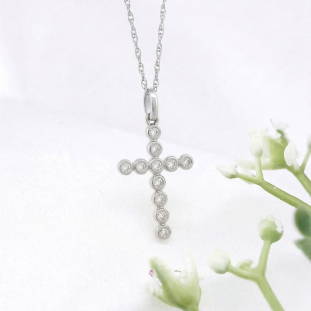 14k Gold Diamond Bubble Cross Necklace