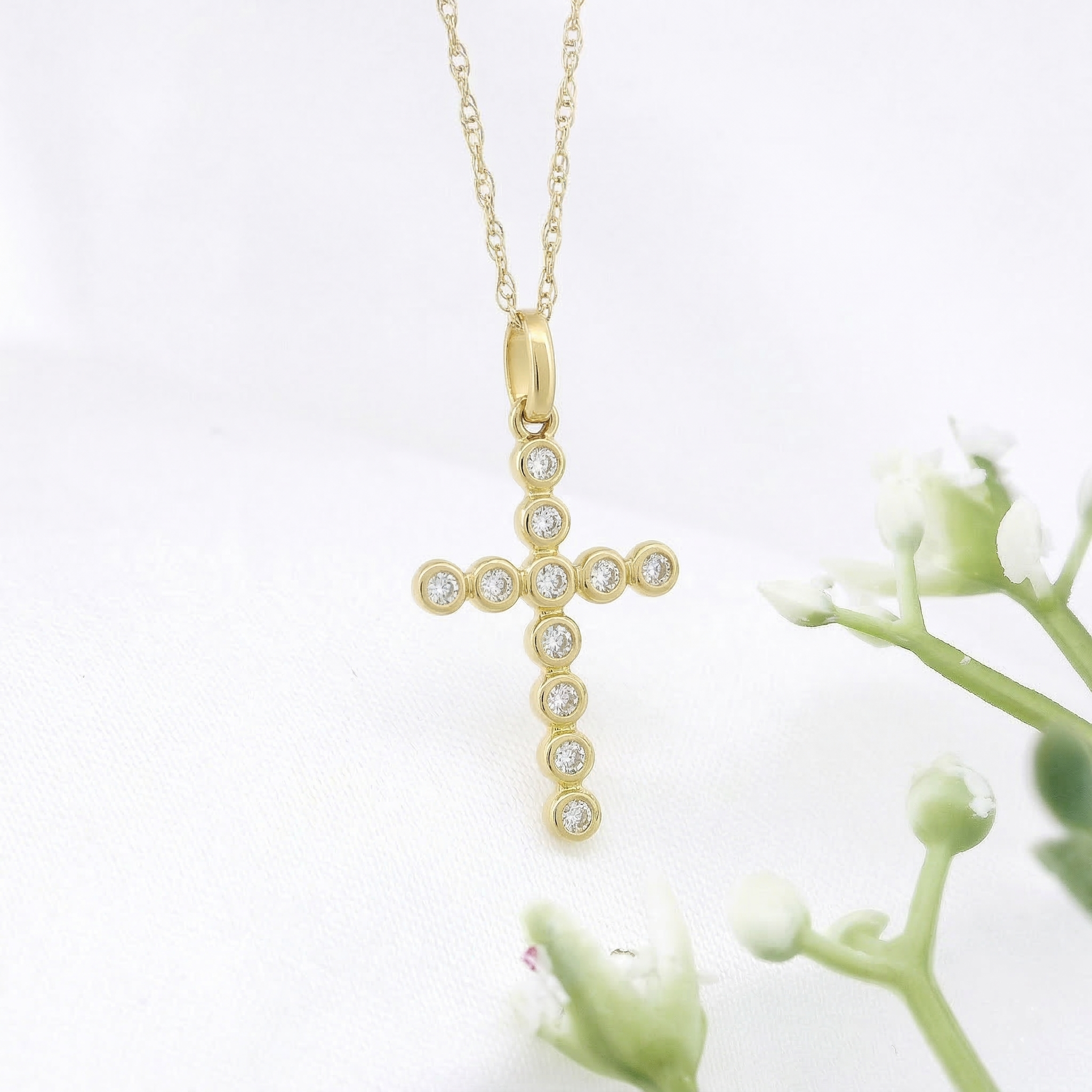 14k Gold Diamond Bubble Cross Necklace