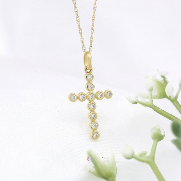 14k Gold Diamond Bubble Cross Necklace