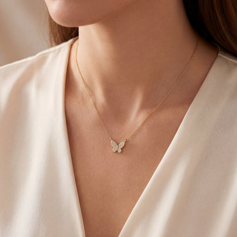 Diamond Pave Butterfly Necklace in 14K Yellow Gold | Real Diamond Pendant Necklace | Dainty Gold Butterfly Charm Necklace