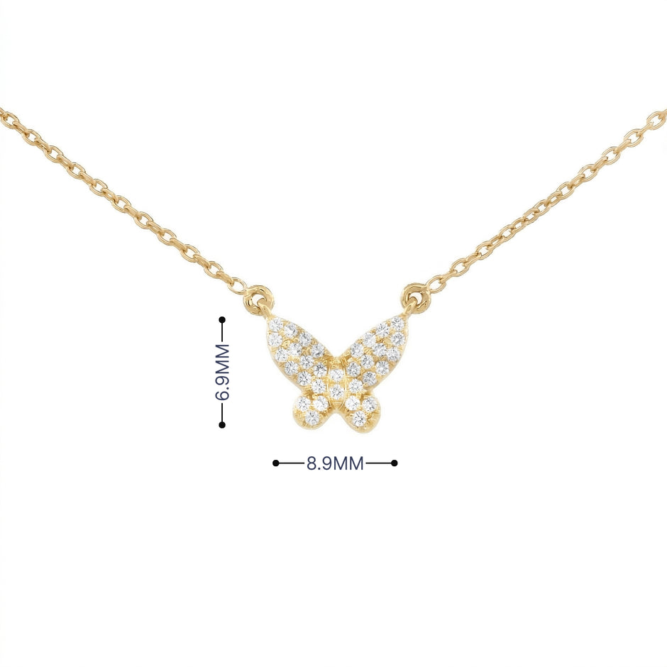 Diamond Pave Butterfly Necklace in 14K Yellow Gold | Real Diamond Pendant Necklace | Dainty Gold Butterfly Charm Necklace