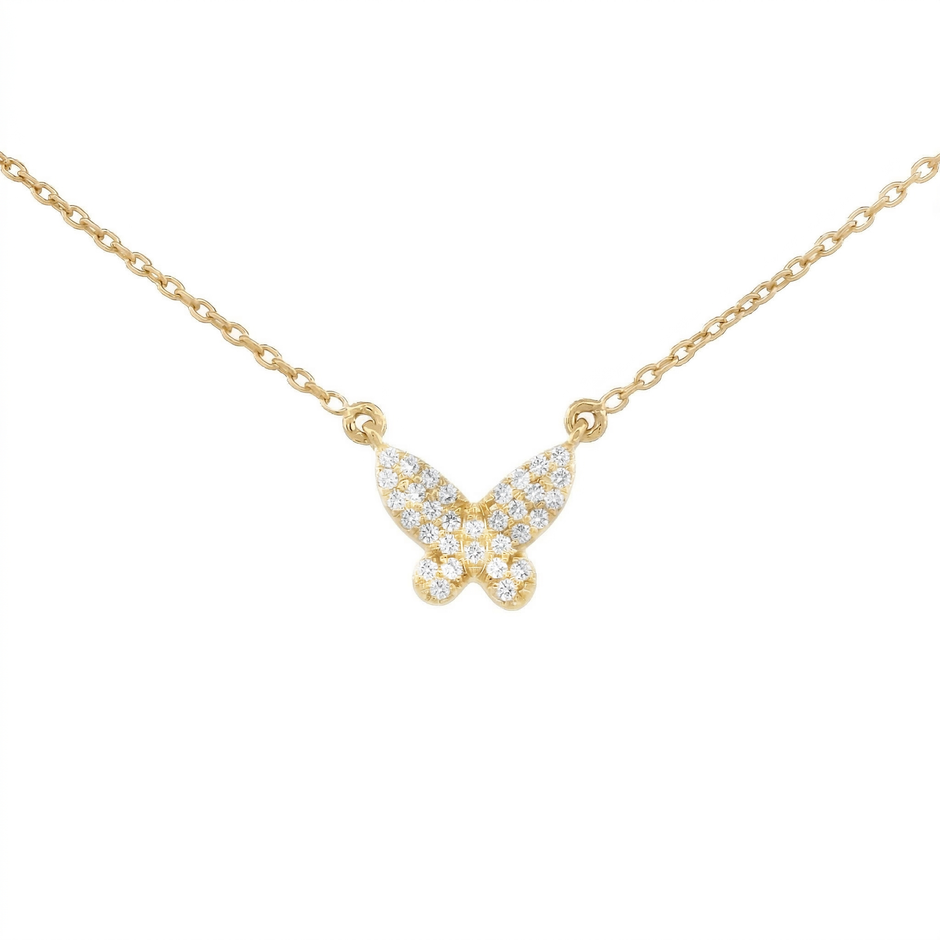 Diamond Pave Butterfly Necklace in 14K Yellow Gold | Real Diamond Pendant Necklace | Dainty Gold Butterfly Charm Necklace