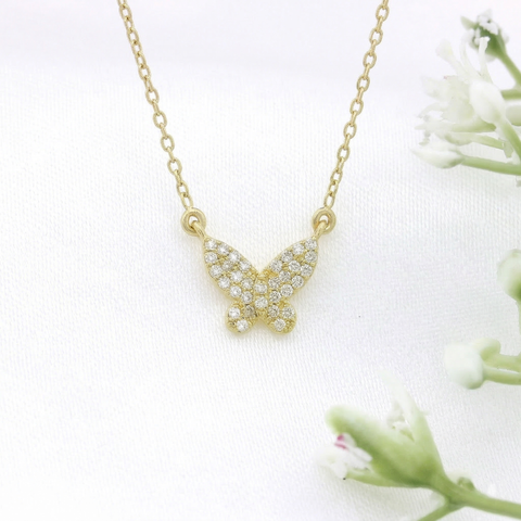 Diamond Pave Butterfly Necklace in 14K Yellow Gold | Real Diamond Pendant Necklace | Dainty Gold Butterfly Charm Necklace