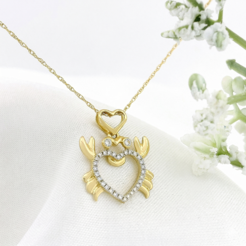 14k Gold Diamond Crab Heart Necklace