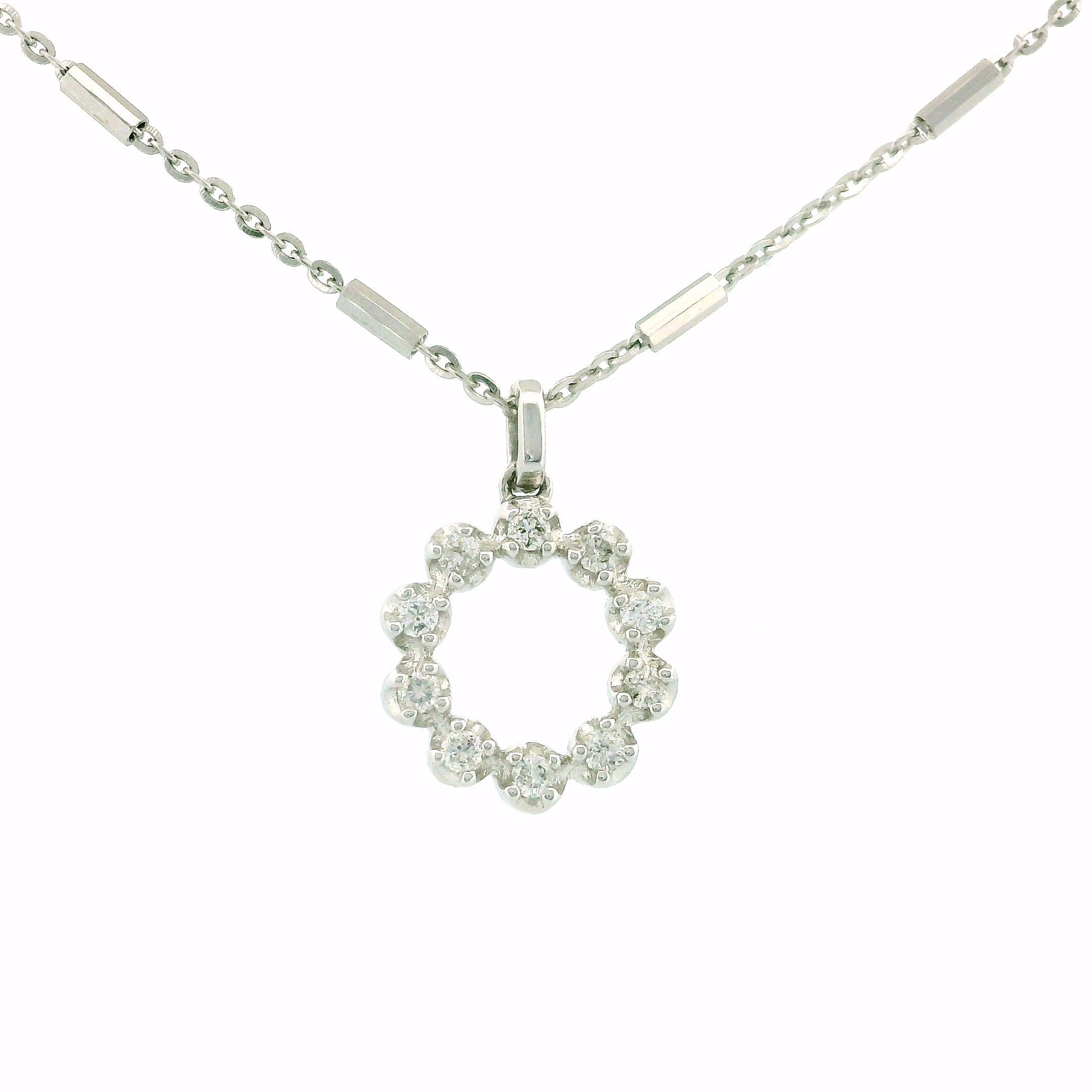 14k White Gold Circle Halo Diamond Charm Necklace