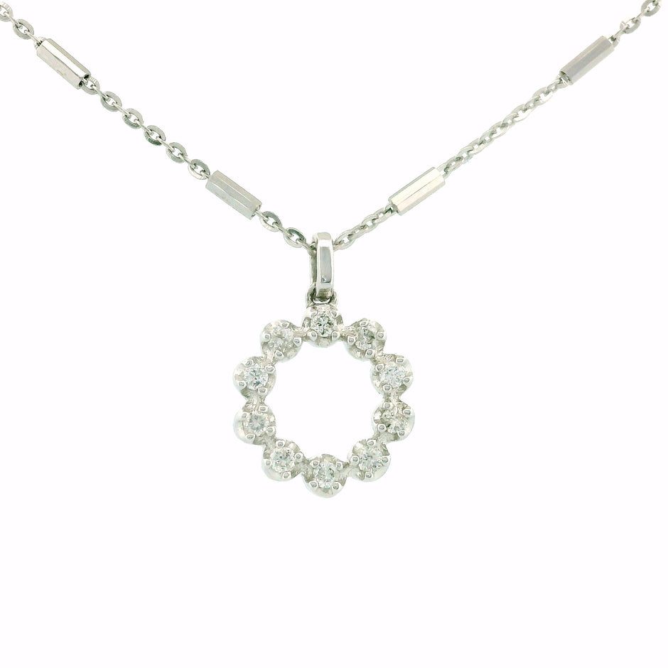 14k White Gold Circle Halo Diamond Charm Necklace