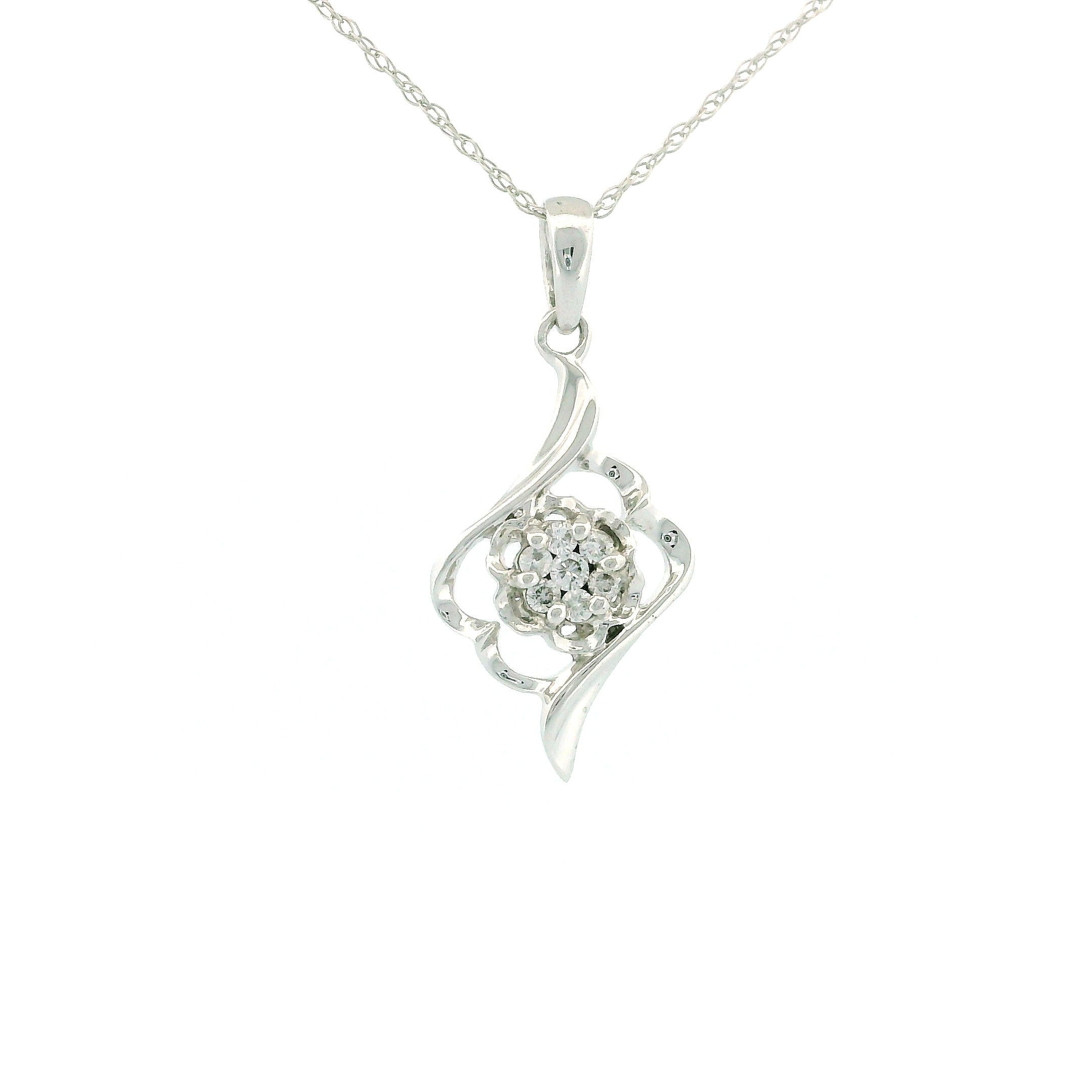 14k White Gold Charm Necklace, Cluster Flower with Rhombus Design
