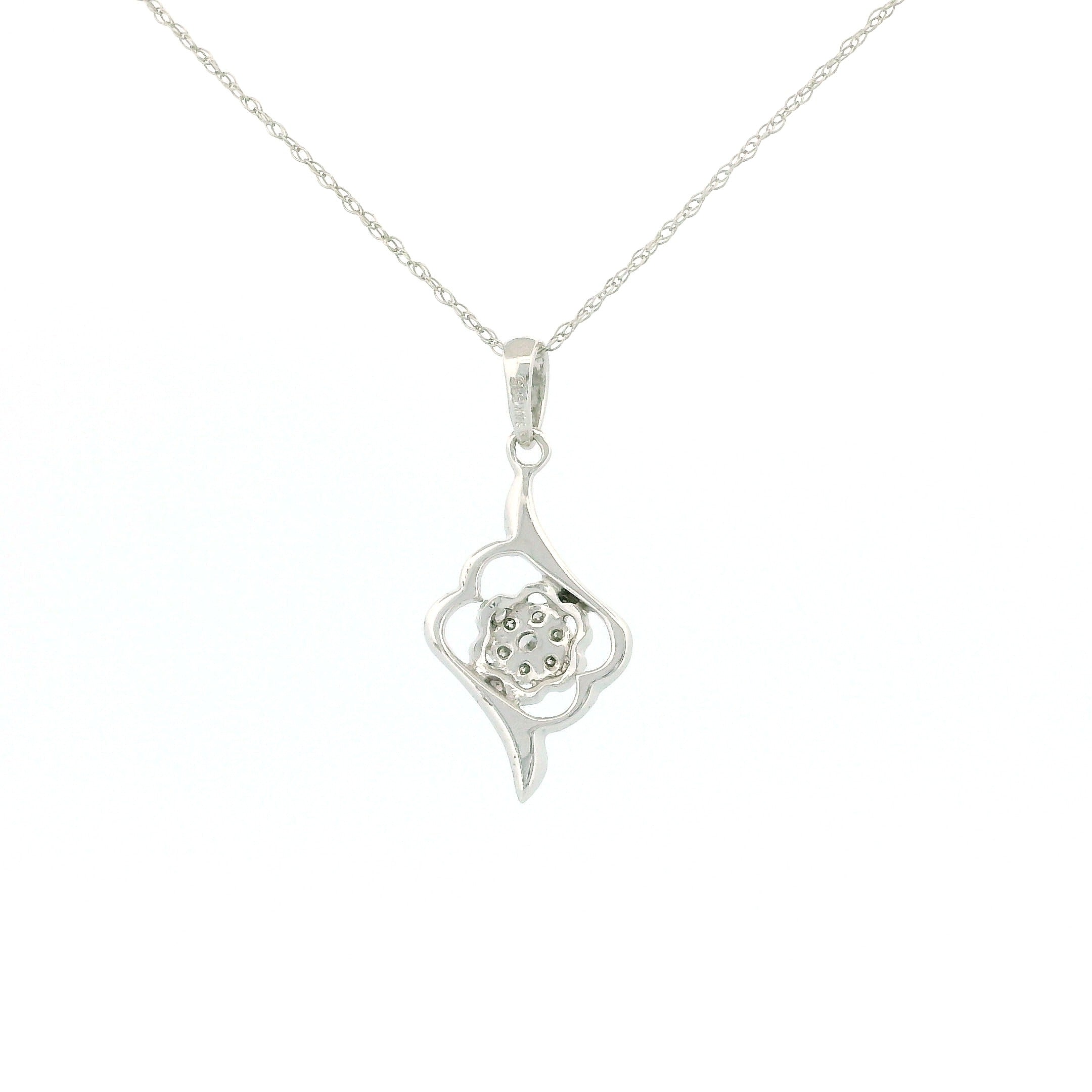 14k White Gold Charm Necklace, Cluster Flower with Rhombus Design