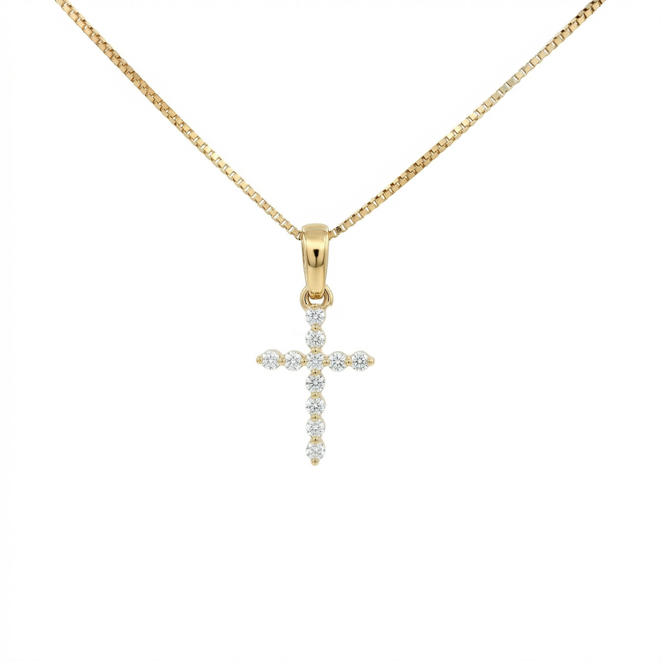 14K Gold Diamond Cross Pendant Necklace | .12 Ctw Natural White Diamonds