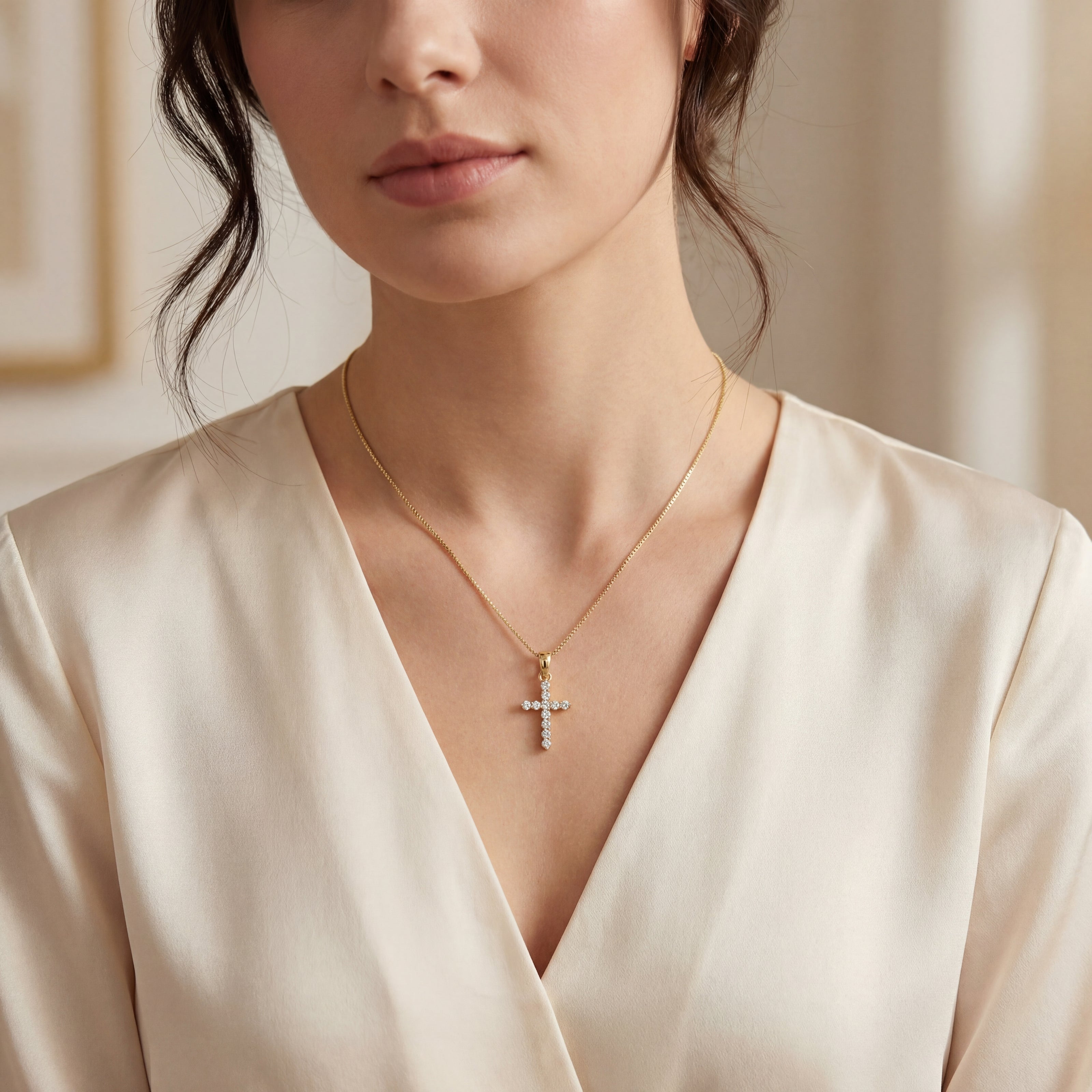 14K Gold Diamond Cross Pendant Necklace | .12 Ctw Natural White Diamonds