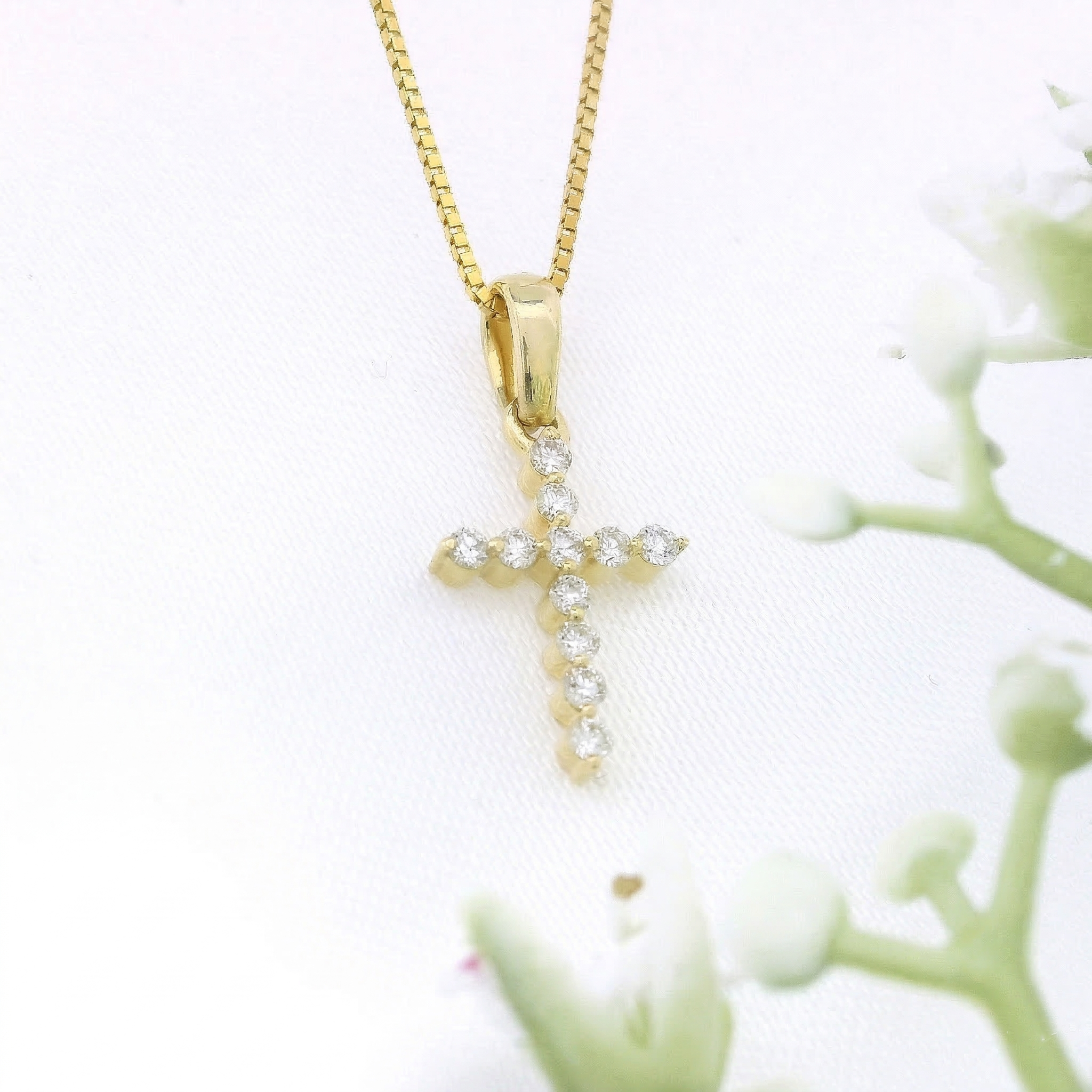 14K Gold Diamond Cross Pendant Necklace | .12 Ctw Natural White Diamonds