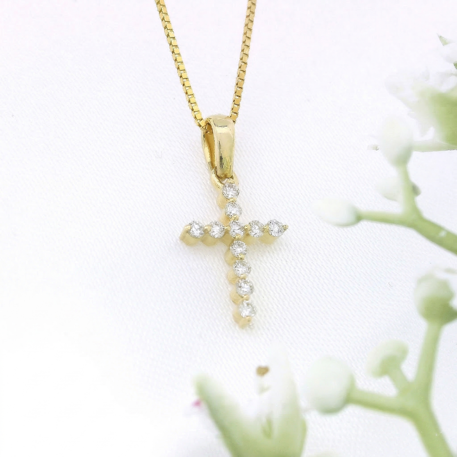 14K Gold Diamond Cross Pendant Necklace | .12 Ctw Natural White Diamonds