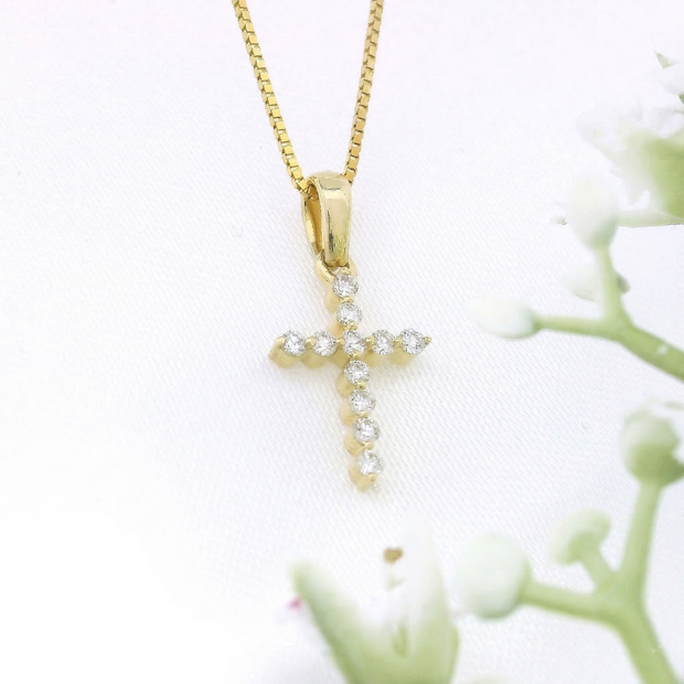 14k Yellow Gold Diamond Cross Necklace