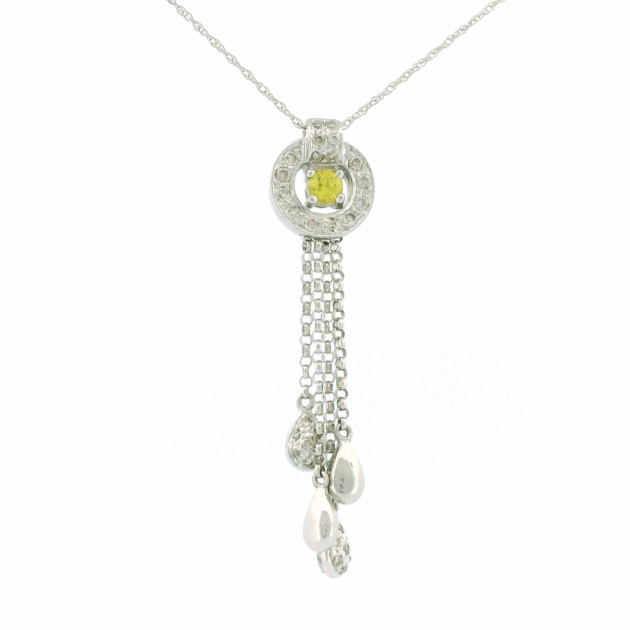 14k White Gold Round Frame Charm Necklace with Yellow Diamond Center, Teardrop Accents