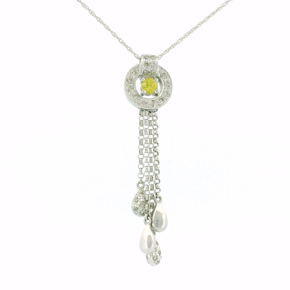14k White Gold Round Frame Charm Necklace with Yellow Diamond Center, Teardrop Accents