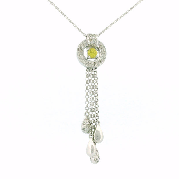 14k White Gold Round Frame Charm Necklace with Yellow Diamond Center, Teardrop Accents
