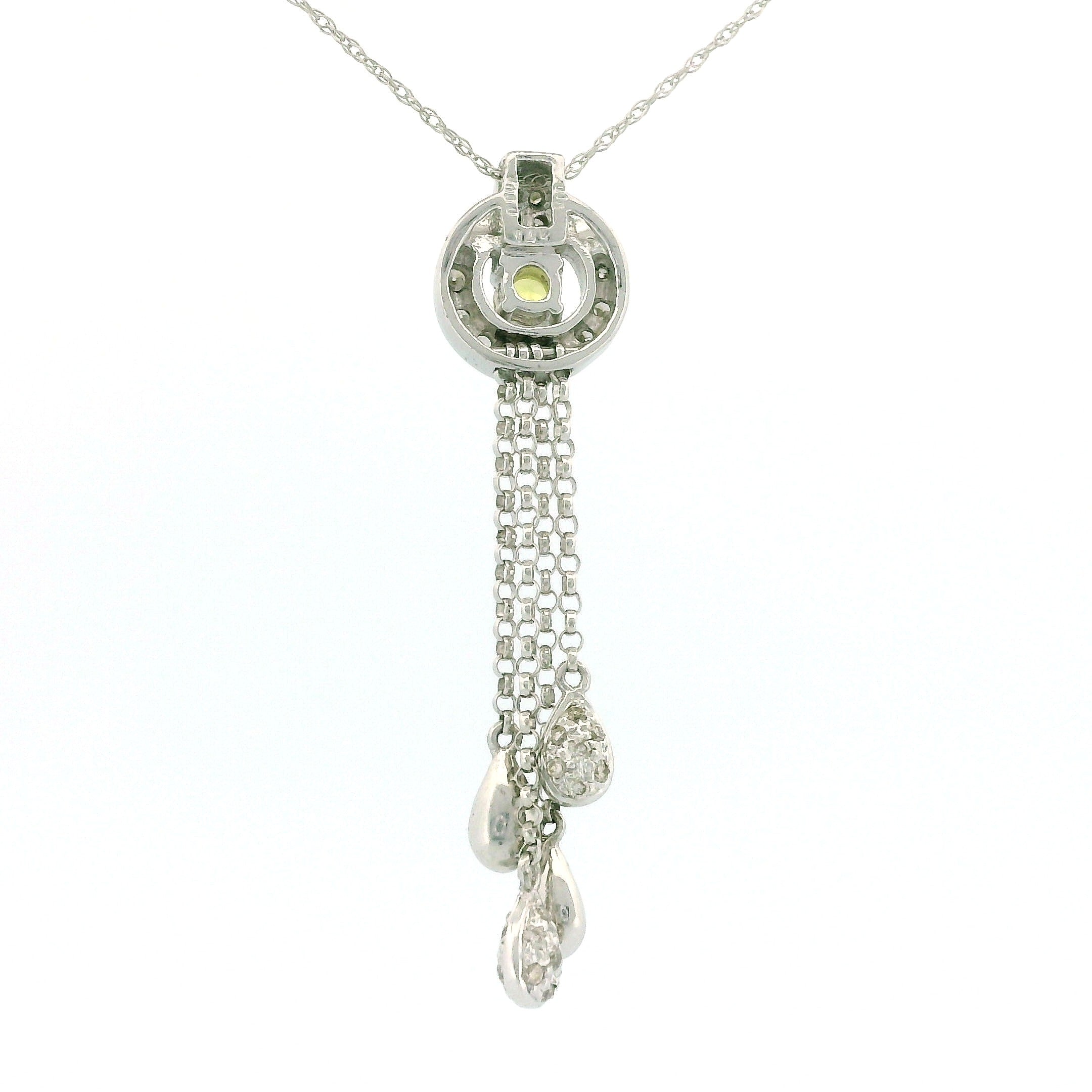 14k White Gold Round Frame Charm Necklace with Yellow Diamond Center, Teardrop Accents