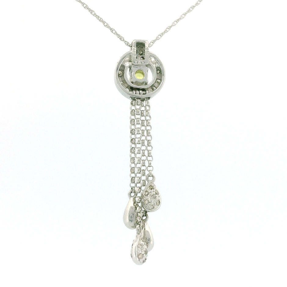 14k White Gold Round Frame Charm Necklace with Yellow Diamond Center, Teardrop Accents