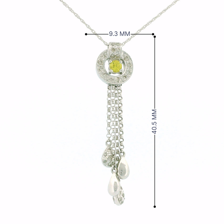 14k White Gold Round Frame Charm Necklace with Yellow Diamond Center, Teardrop Accents