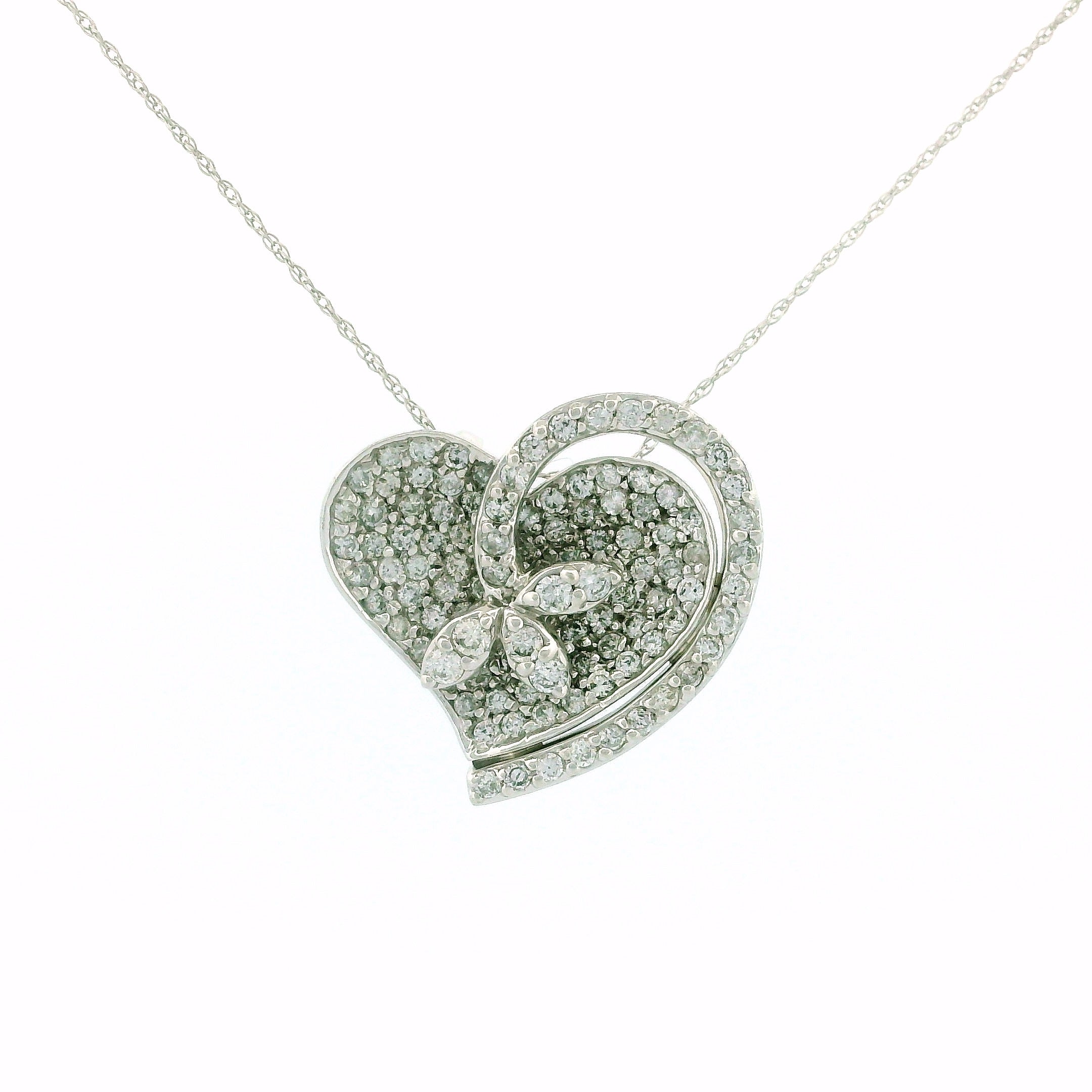 14k White Gold Heart and Flower Diamond Charm Necklace
