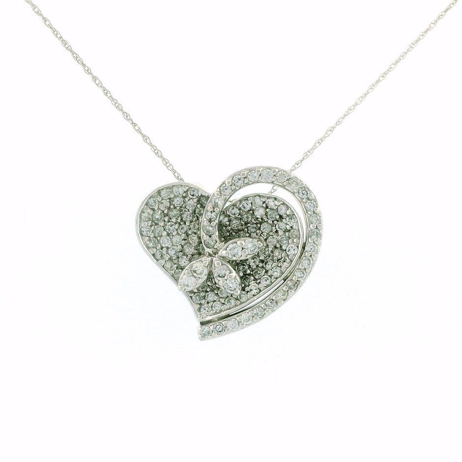 14k White Gold Heart and Flower Diamond Charm Necklace