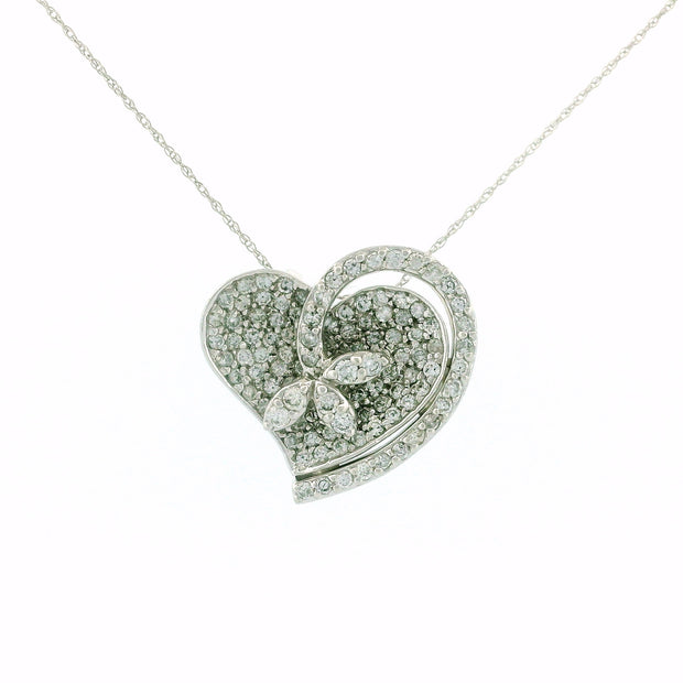 14k White Gold Heart and Flower Diamond Charm Necklace
