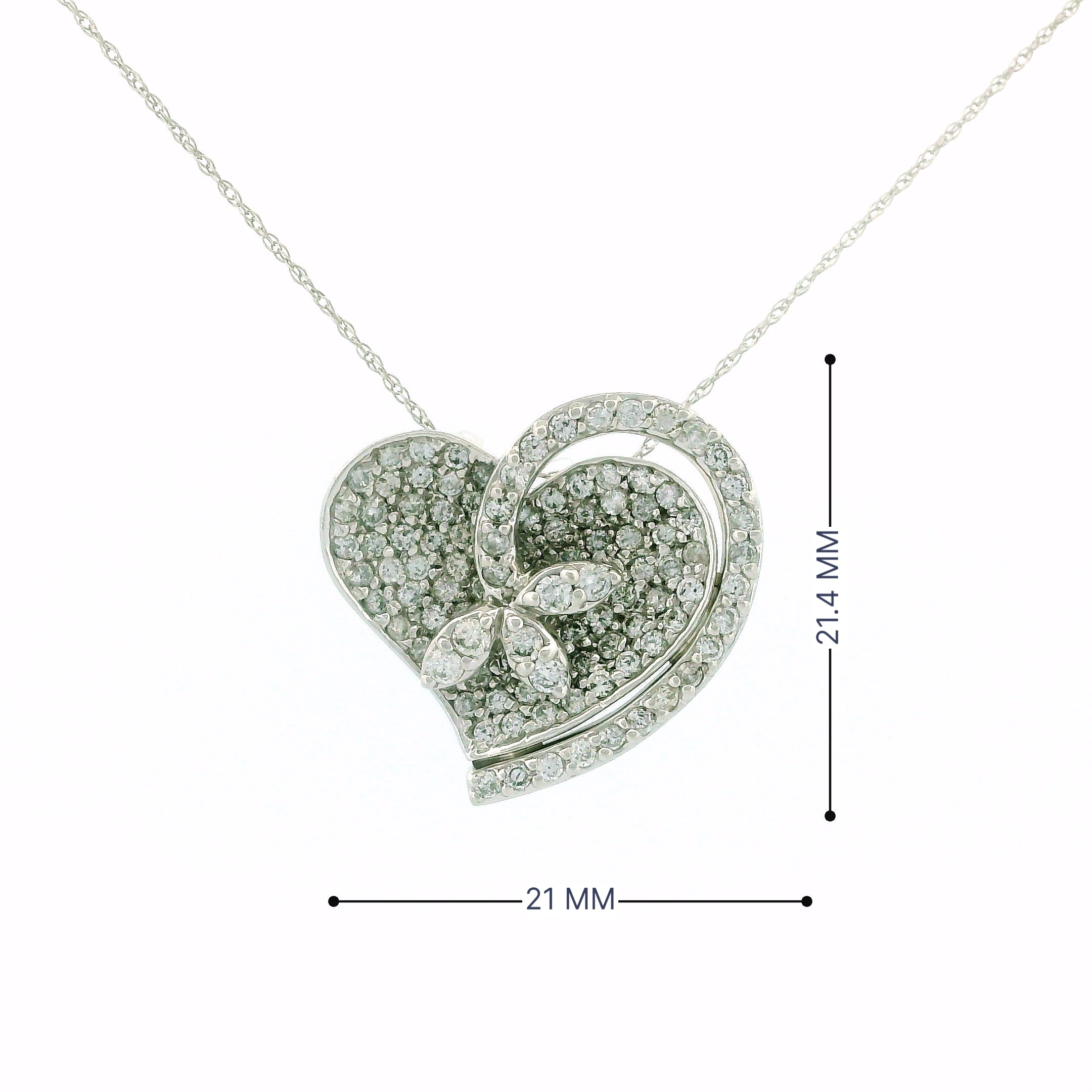 14k White Gold Heart and Flower Diamond Charm Necklace