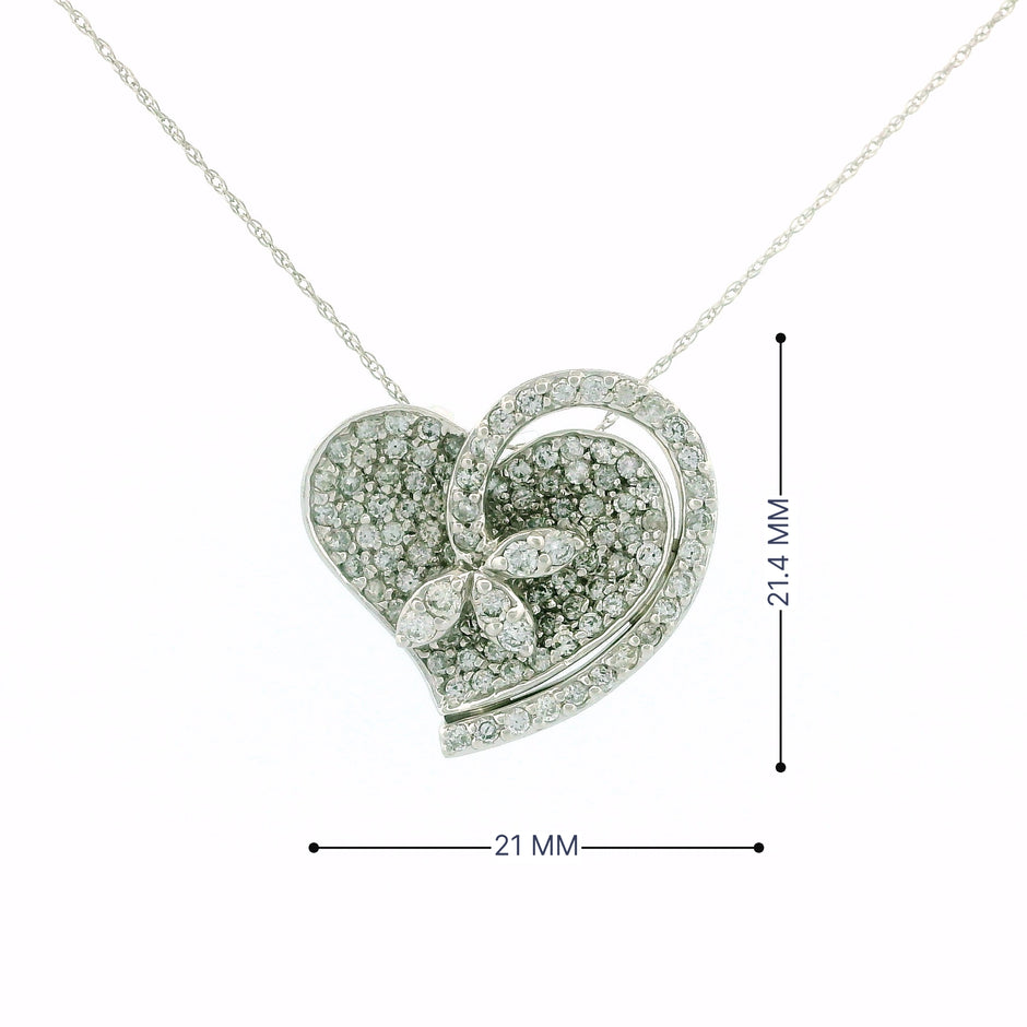 14k White Gold Heart and Flower Diamond Charm Necklace