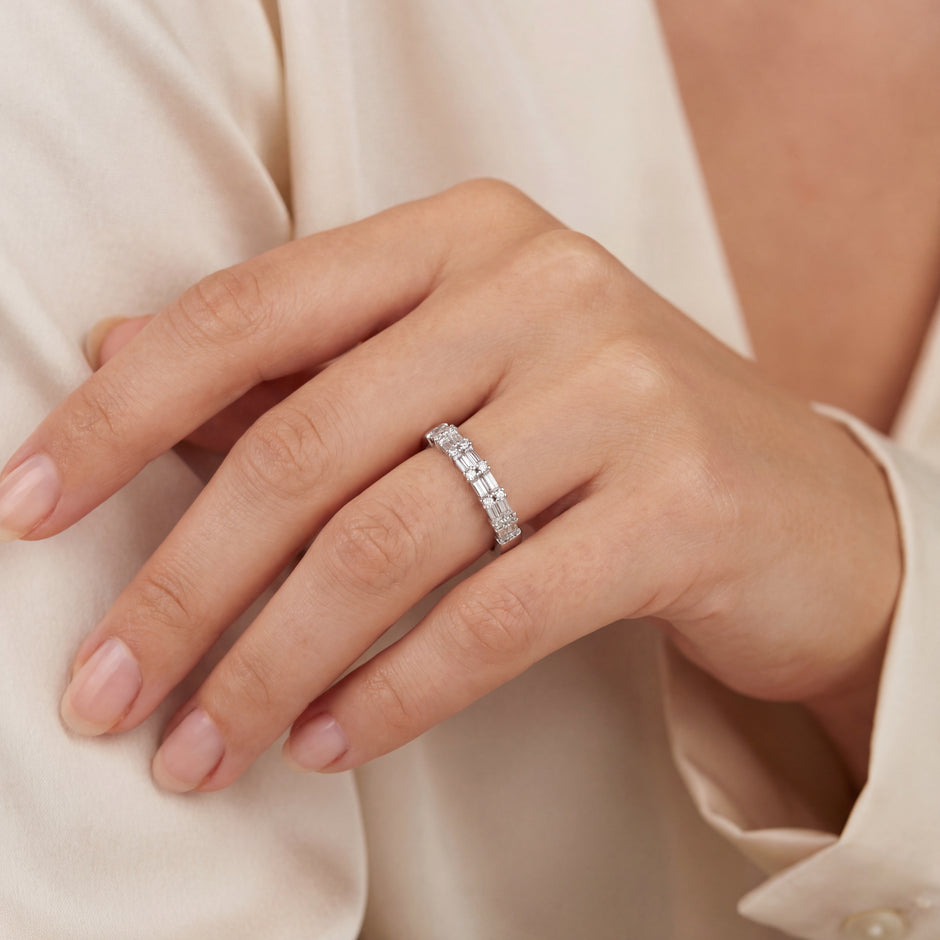 10K White Gold Alternating Baguette & Round Diamond Wedding Band | Mixed Cut Half Eternity Stack Ring