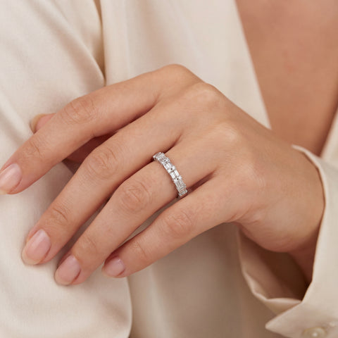 10K White Gold Alternating Baguette & Round Diamond Wedding Band | Mixed Cut Half Eternity Stack Ring