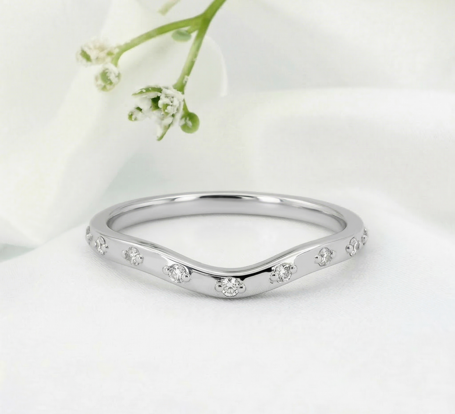 14K White Gold Curved Band Ring with 9 Diamonds