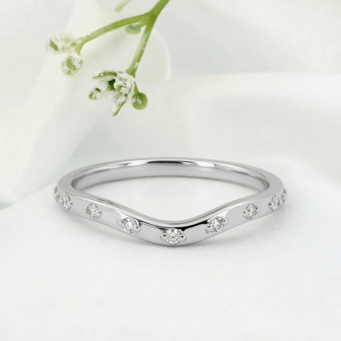 14K White Gold Curved Band Ring with 9 Diamonds