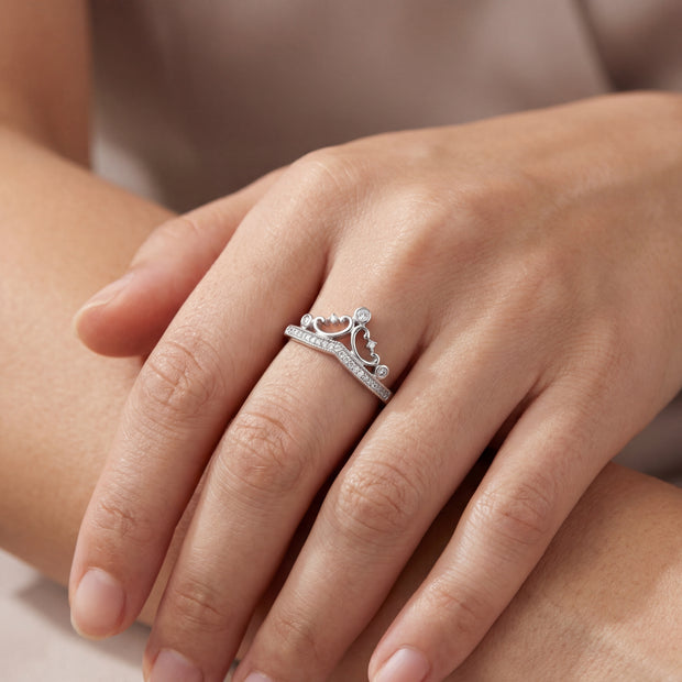 14k White Gold with .11Ctw Round Natural White Diamond Tiara Crown Ring