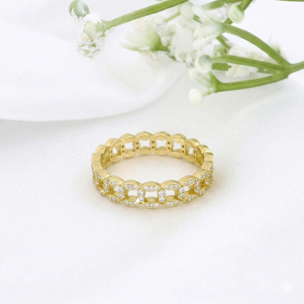 14k Gold with .15Ctw Natural Round White Diamond Cuban Link Eternity RIng