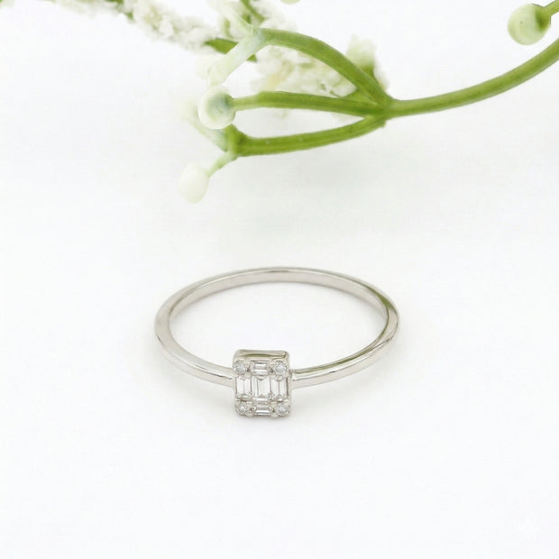14k Gold with .08Ctw Round and Baguette Natural White Diamond Cluster Ring