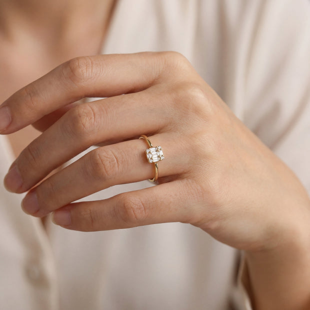 14k Gold with .08Ctw Round and Baguette Natural White Diamond Cluster Ring