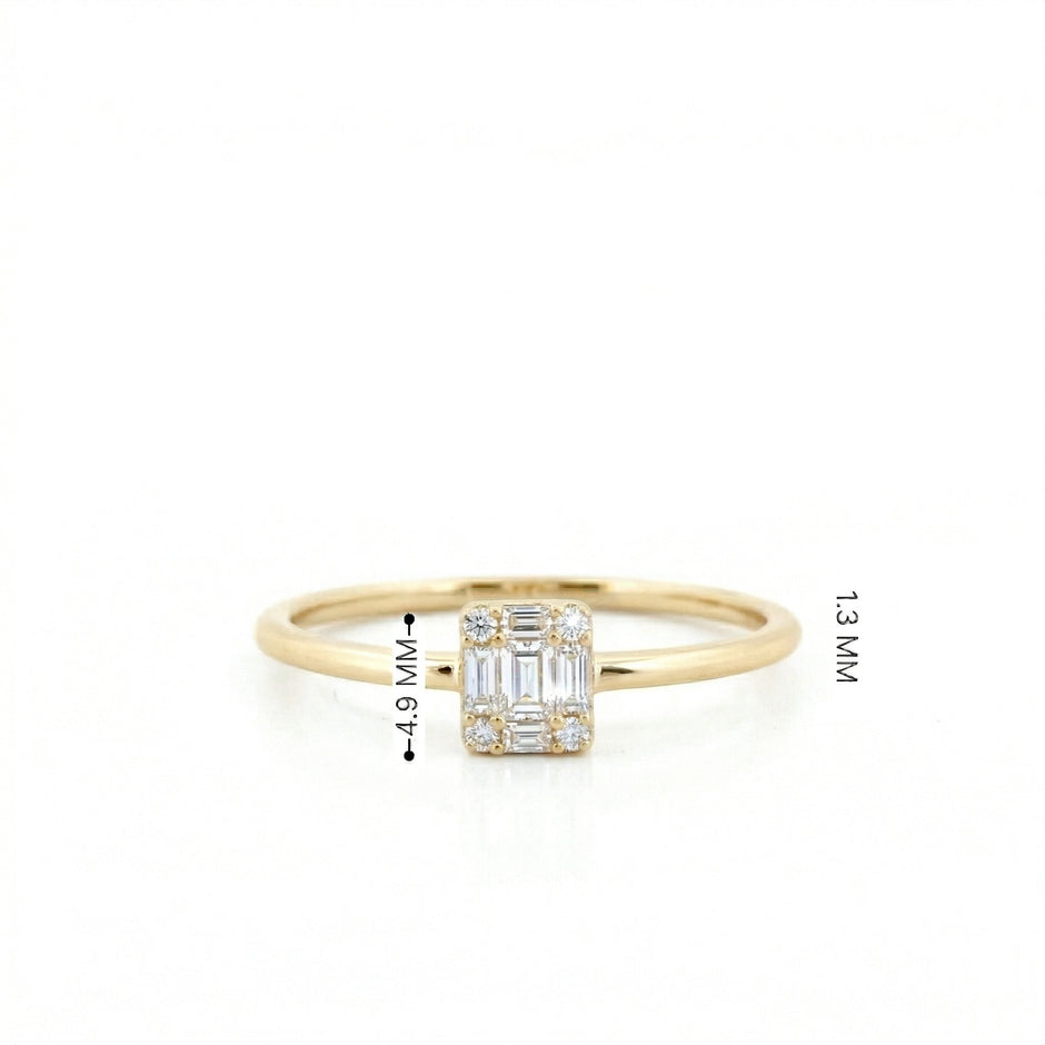 14k Gold with .08Ctw Round and Baguette Natural White Diamond Cluster Ring