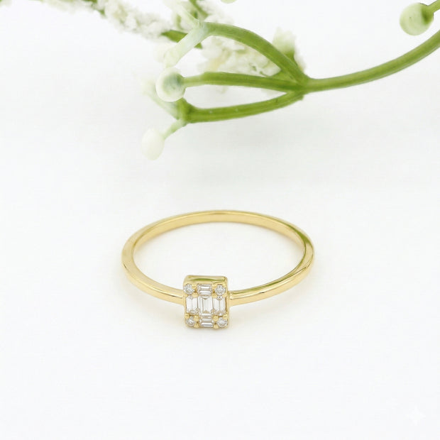 14k Gold with .08Ctw Round and Baguette Natural White Diamond Cluster Ring