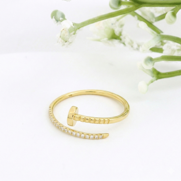 14k Gold with .06Ctw Natural White Diamond Pave Diamond Wrap Ring