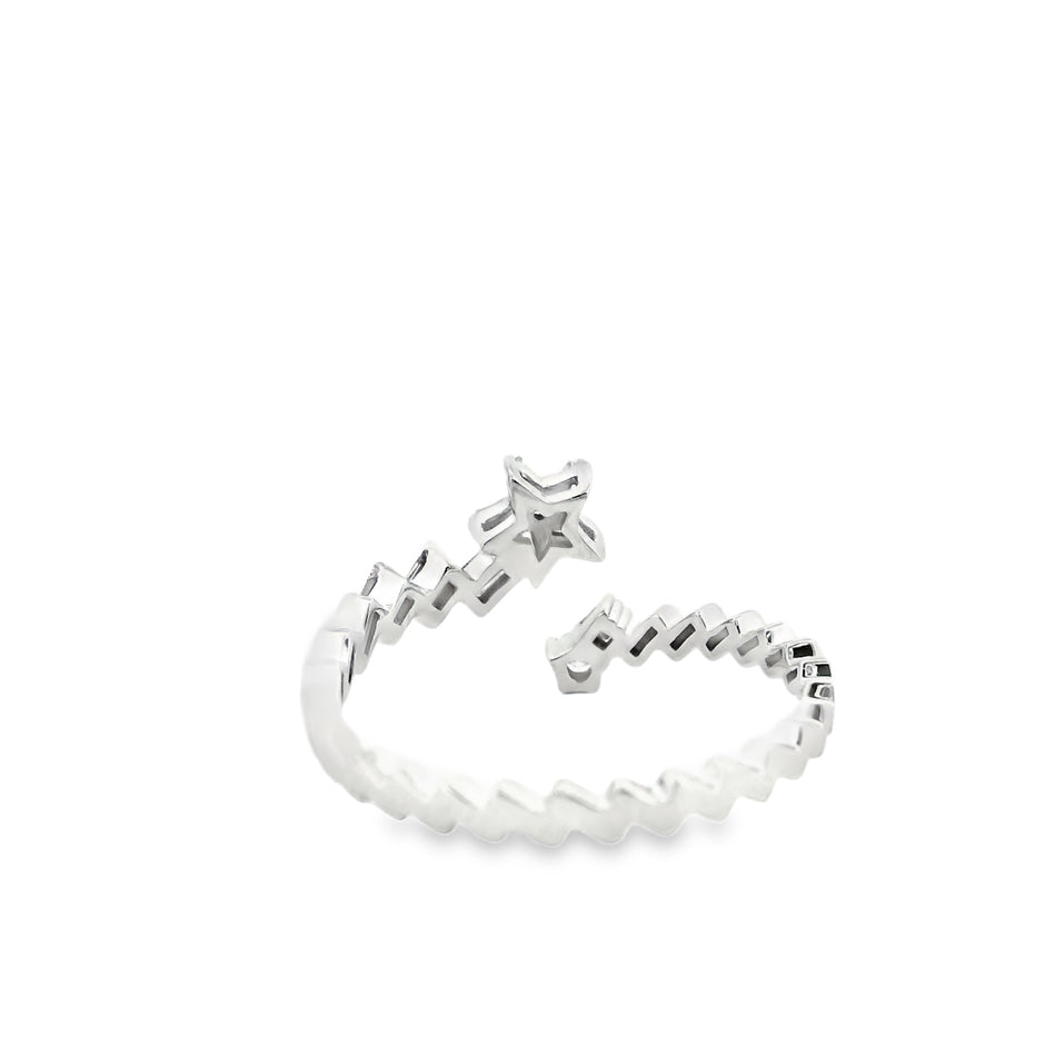 14K Yellow Gold Open Bypass Ring with Baguette & Round Diamond Star Cluster | 0.17 Ctw Natural White Diamond Twist Band