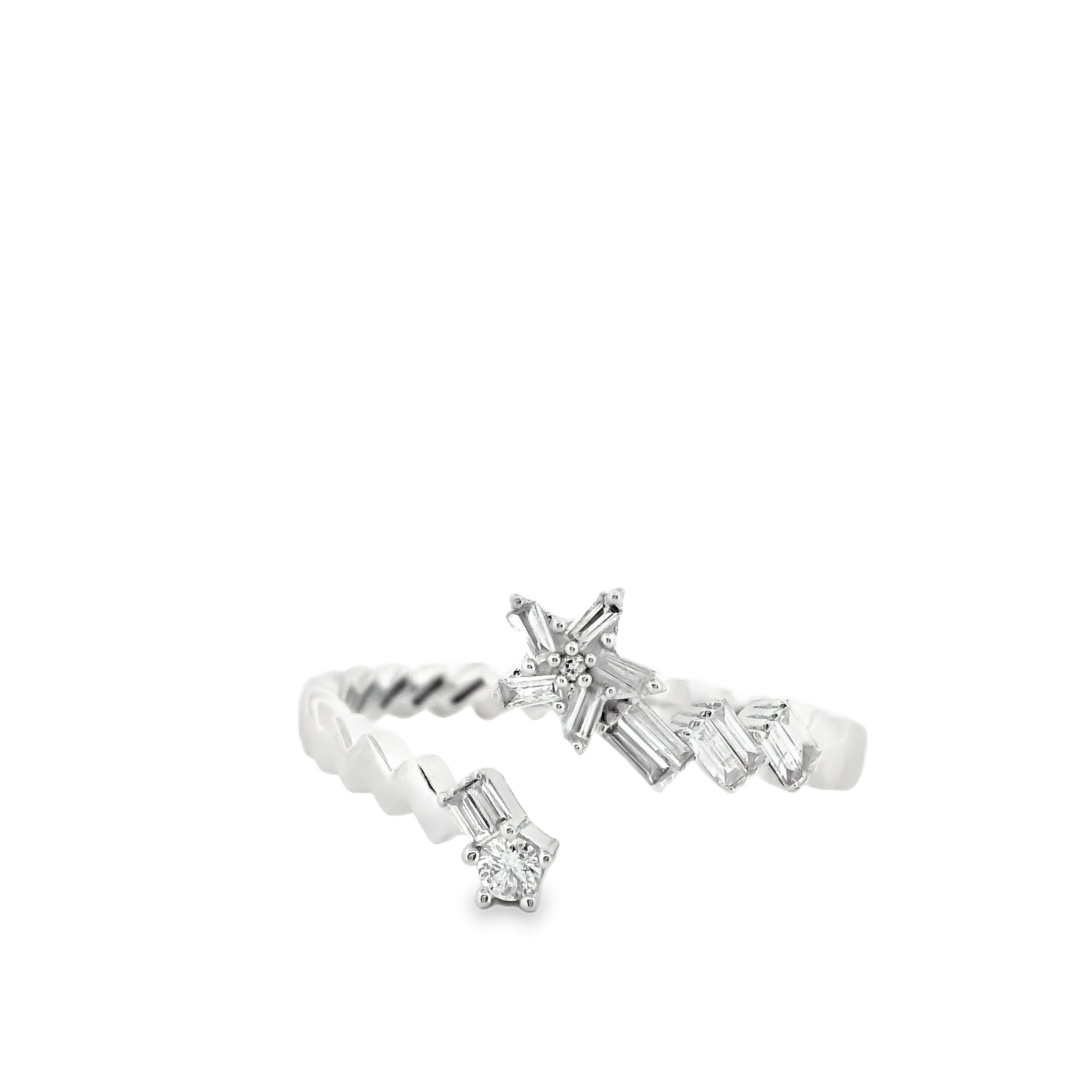 14K Yellow Gold Open Bypass Ring with Baguette & Round Diamond Star Cluster | 0.17 Ctw Natural White Diamond Twist Band
